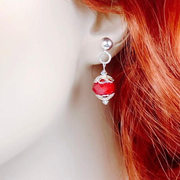 VTG Artisan Sterling Silver Faceted Red Glass Dangle Earrings Handmade Dainty - Picture 6 of 11